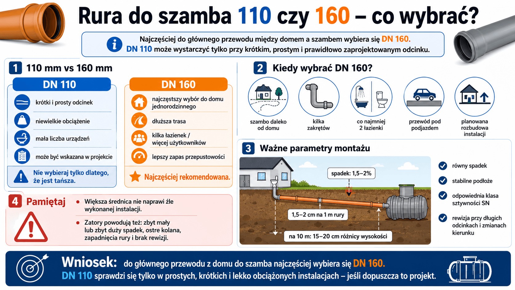 Rura do szamba 110 czy 160 - co wybrać
